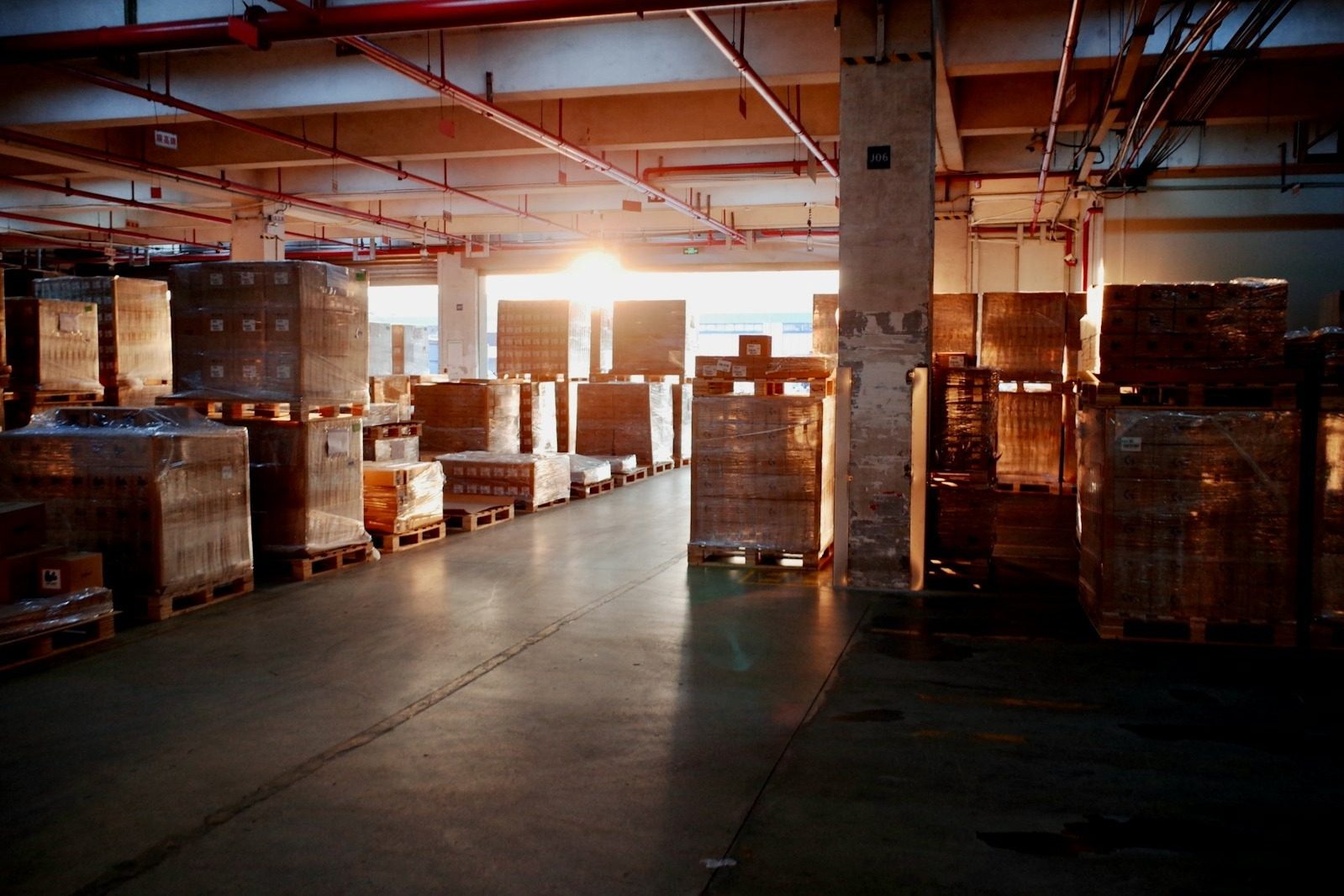 Warehouse floor with rows of pallets of boxed goods